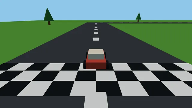 An early Roc Racer build: a small red car waiting on a checkered start line, road stretching to the horizon.